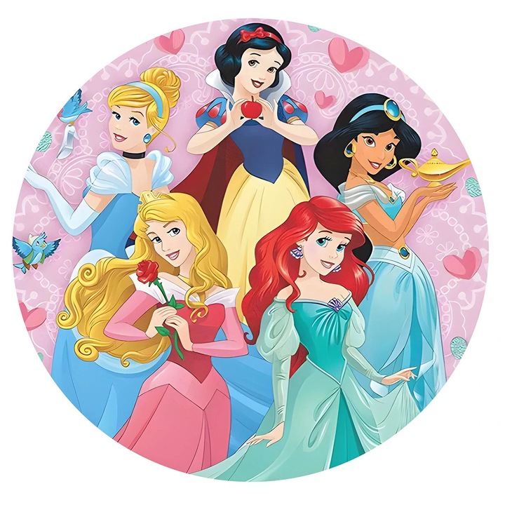 Disney kerek szőnyeg, 120cm, hercegnős mintával, 100% poliészter, csúszásgátló
