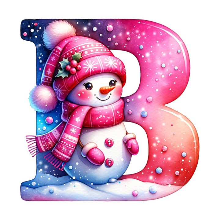 Sticker B Litera Craciun Roz Cu Om De Zapada Fulgi De Zapada, Autoadeziv, Craciun, Cri-Flo, dimensiune 15 cm