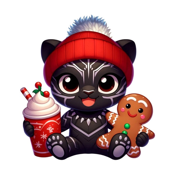 Sticker Black Panther Christmas Chibi Cu Cana Rosie, Autoadeziv, Craciun, Cri-Flo, dimensiune 25 cm
