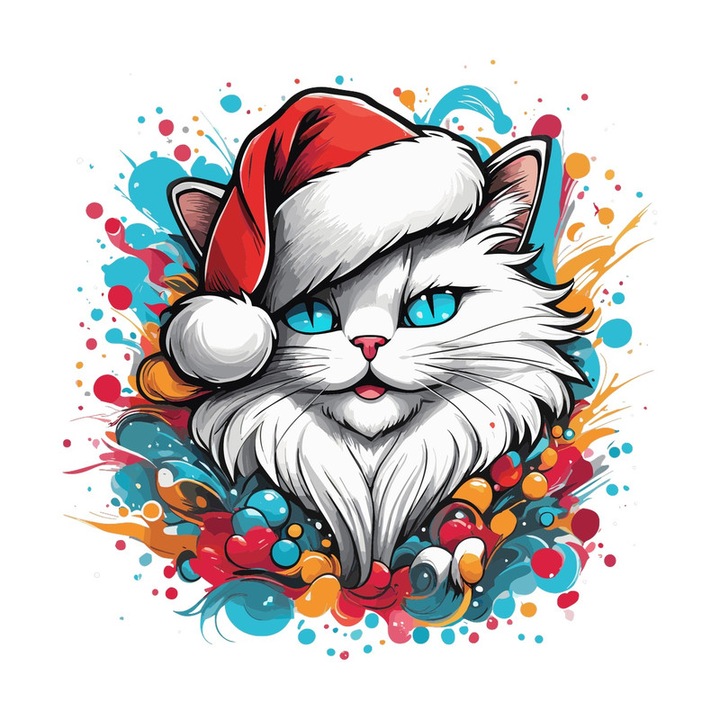 Sticker Pisica Alba Cu Caciula De Mos Craciun, Autoadeziv, Craciun, Cri-Flo, dimensiune 15 cm