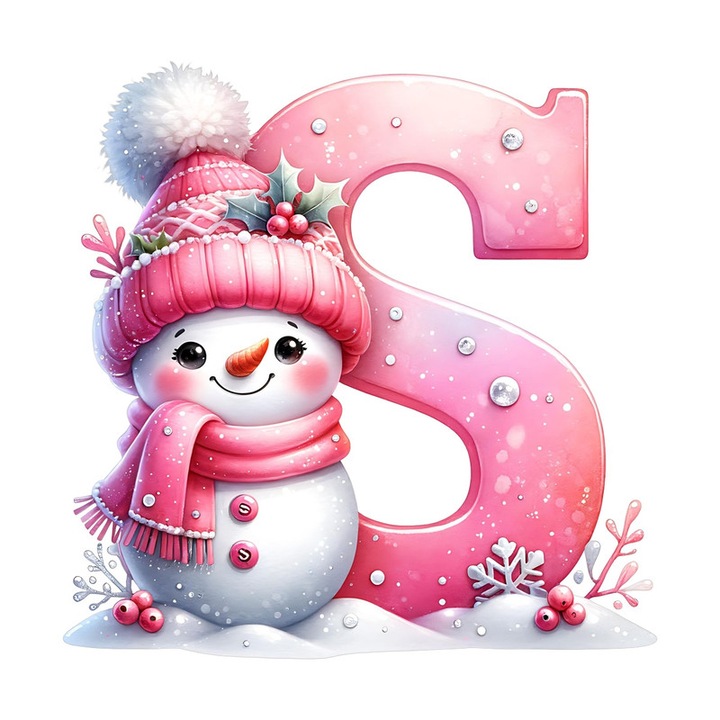 Sticker S Litera Craciun Roz Cu Om De Zapada Fulgi De Zapada, Autoadeziv, Craciun, Cri-Flo, dimensiune 15 cm