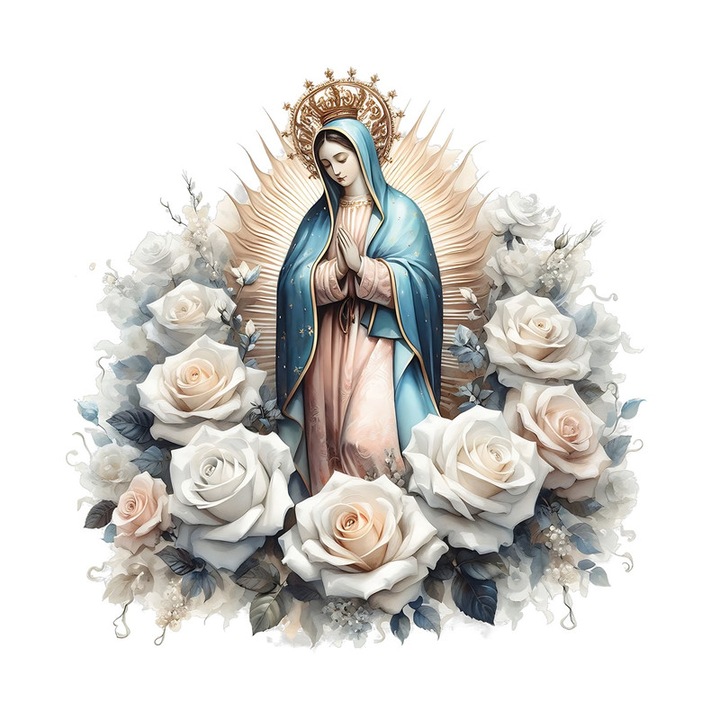 Sticker Fecioara Maria Cu Trandafiri Albi Si Gri, Autoadeziv, Craciun, Cri-Flo, dimensiune 15 cm