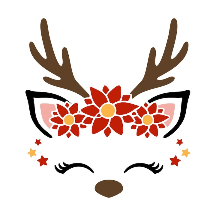 Sticker decorativ Ren cu flori roșii și stelute, autoadeziv, Crăciun, Cri-Flo, 20 cm