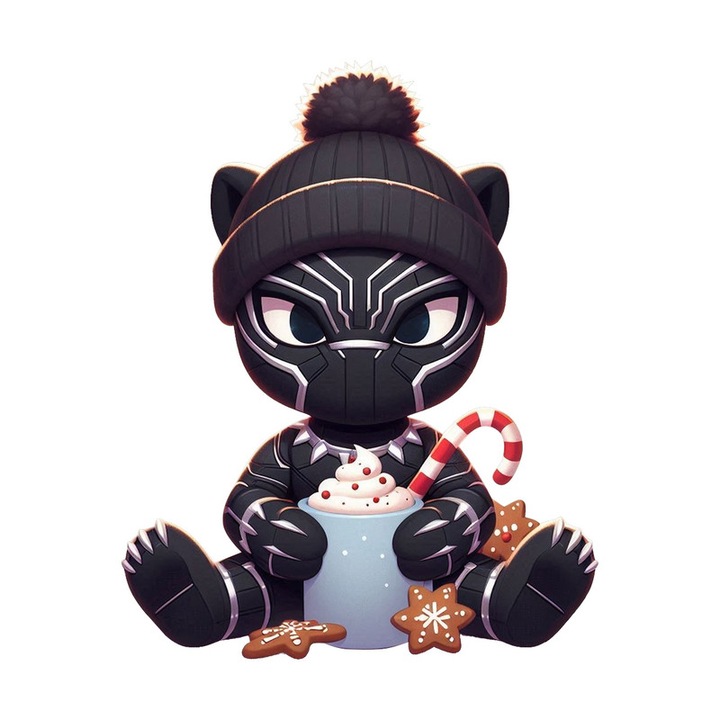Sticker Black Panther Christmas Chibi Cu Caciula, Autoadeziv, Craciun, Cri-Flo, dimensiune 6 cm