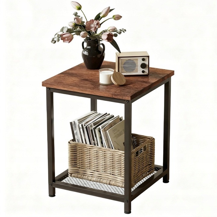 Masa laterala patrata cu raft, Rebiko, MDF, 55 cm, maro