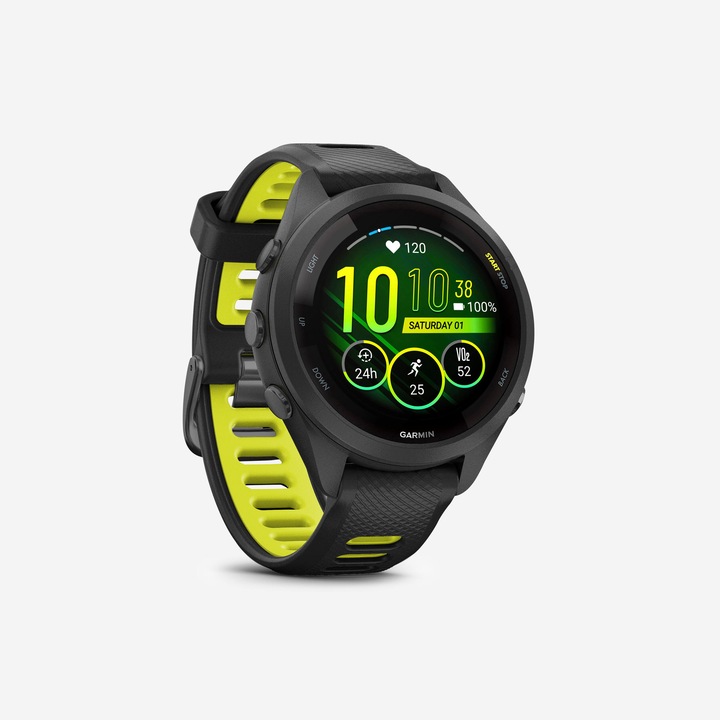 Смарт часовник Garmin Forerunner 265S Music, черно-жълт, водоустойчив 5 атм, наблюдение на пулса