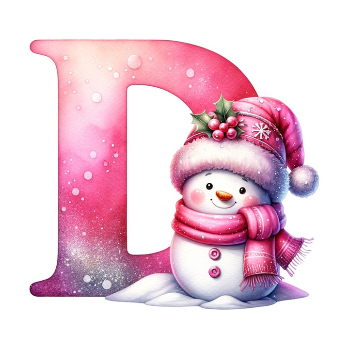 Sticker D Litera Craciun Roz Cu Om De Zapada Fulgi De Zapada, Autoadeziv, Craciun, Cri-Flo, dimensiune 15 cm