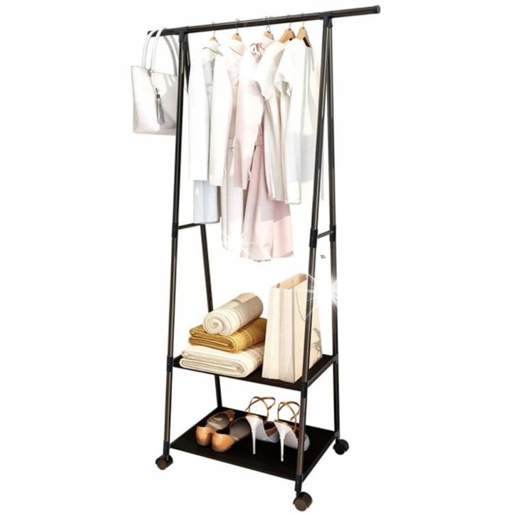 Stojak Cleo Art pentru haine, model Tanger, negru, 157cm, cu 2 rafturi