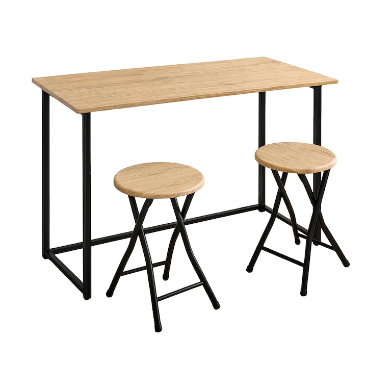 Set Bucatarie/Bar masa cu 2 scaune Kiwari® Fab, 90×45×74 cm, 2 scaune Ф 30 x 45 cm, MDF/Metal, Design Compact, Bej
