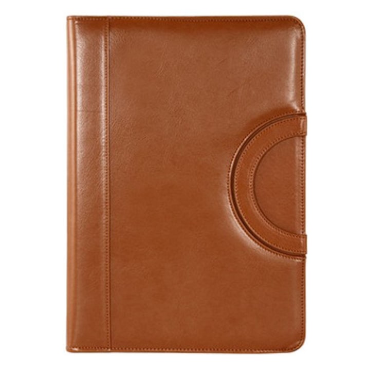 Mapa de conferinta A4, cu manere incorporate, mecanism cu 4 inele detasabil, piele ecologica, inchidere cu fermoar, multiple compartimente, maro