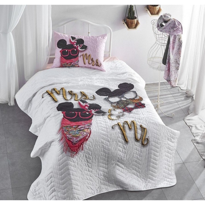 Set cuvertură matlasată și față de pernă, Club Cotton, 100% bumbac, 180x240cm, 50x70cm, Poppy