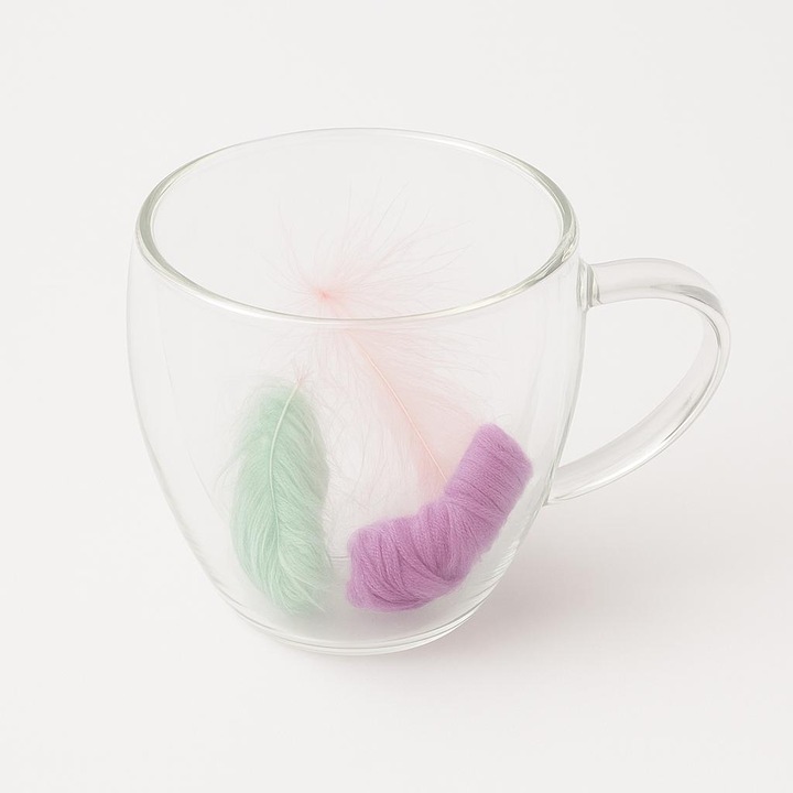 Cana din sticlă, NICHITA IMPEX, pereti dubli cu pene, multicolora, 250ml, 8.5x8cm