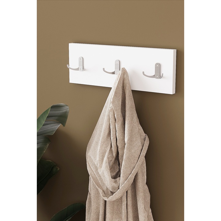 Cuier de perete DEKORFİM Luna, 3 carlige metalice, alb lucios, 35x12cm