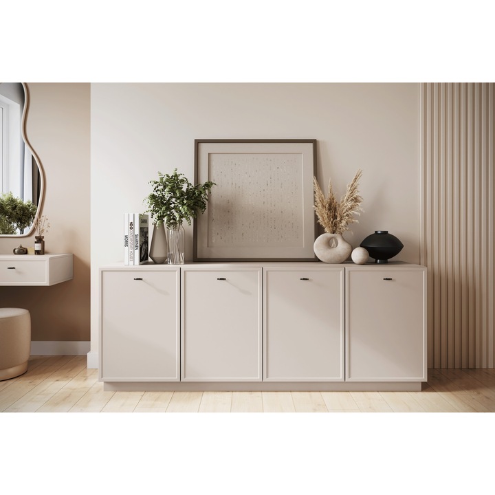 Fiókos Komód, Bogart, Lorini, 200 cm, Kasmír Alap, Fekete T-Alakú Fogantyúk