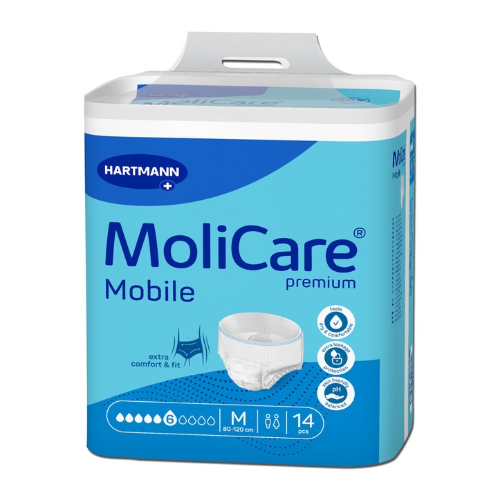 Chilot pentru incontinenta severa Adulti MoliCare Premium Mobile, 6 picaturi, Absorbtie rapida, Testat dermatologic, HARTMANN, Marimea M, 14 bucati