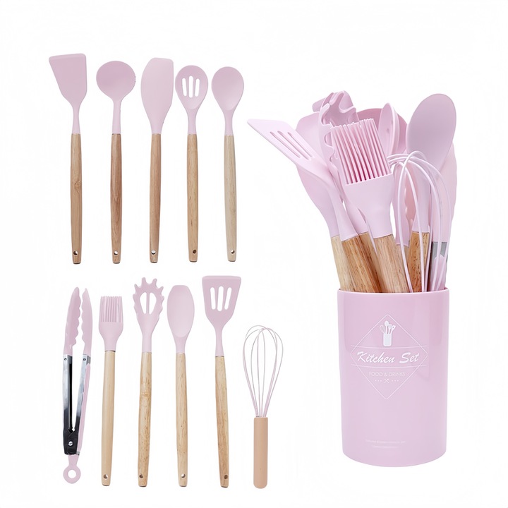 MORUO tapadásmentes szilikon konyhai eszköz készlet, 12 részes, fa fogantyúkkal, hőálló, mindennapi főzéshez, rózsaszín