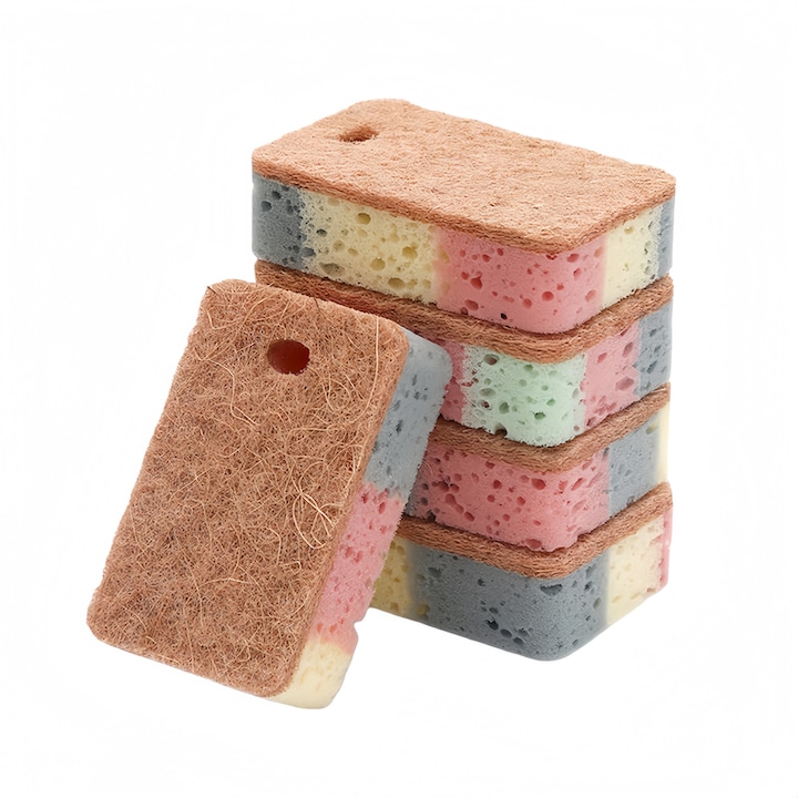 Set 5 bureti de curatare cu efect dual, lavabil, din pulpa de lemn natural si fibra de nuca de cocos