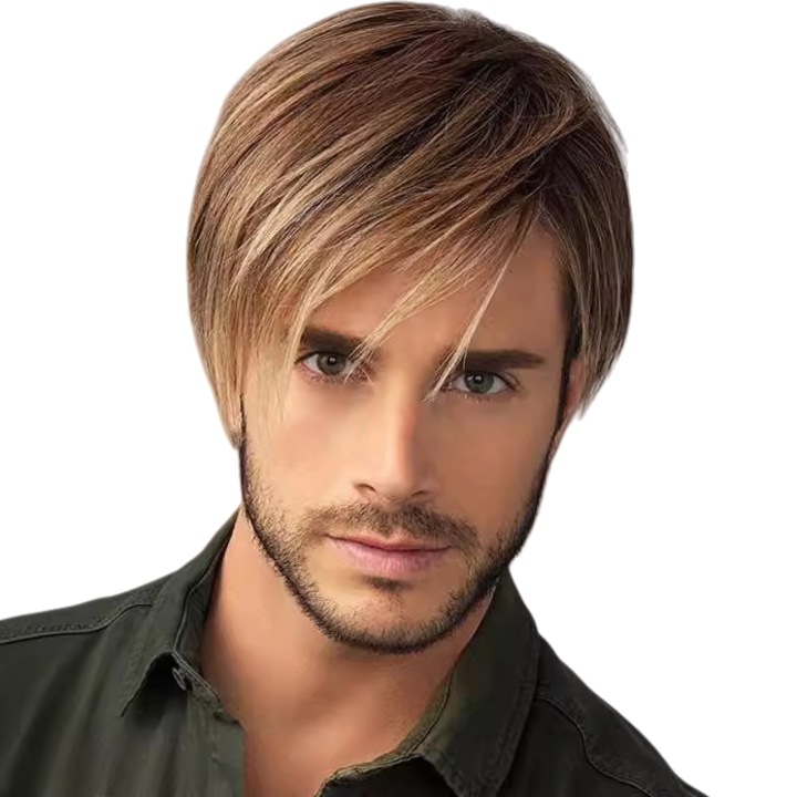 Peruca barbati scurta dreapta de 10 inch, culoare maro auriu, cu breton lateral, pentru purtare zilnica si acoperirea pierderii parului