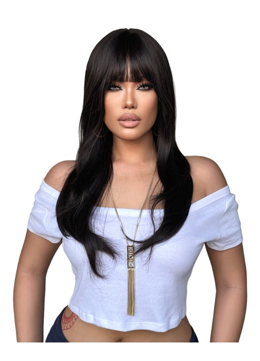 Peruca de femei negru-maroniu buclat de 24 inch cu breton, plasa respirabila tip trandafir, potrivita pentru uz zilnic si ocazii speciale