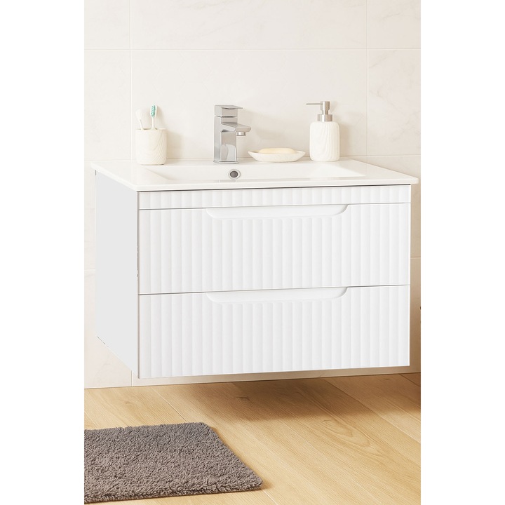 Mobilier de baie MDF, baza si lavoar, BadenMob, seria 033, 80x46x52cm, suspendat cu sertare, Alb Rustic