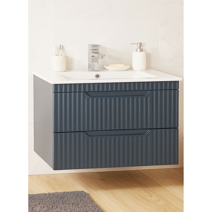 Mobilier de baie MDF, baza si lavoar, BadenMob, seria 033, 80x46x52cm, suspendat cu sertare, Antracit