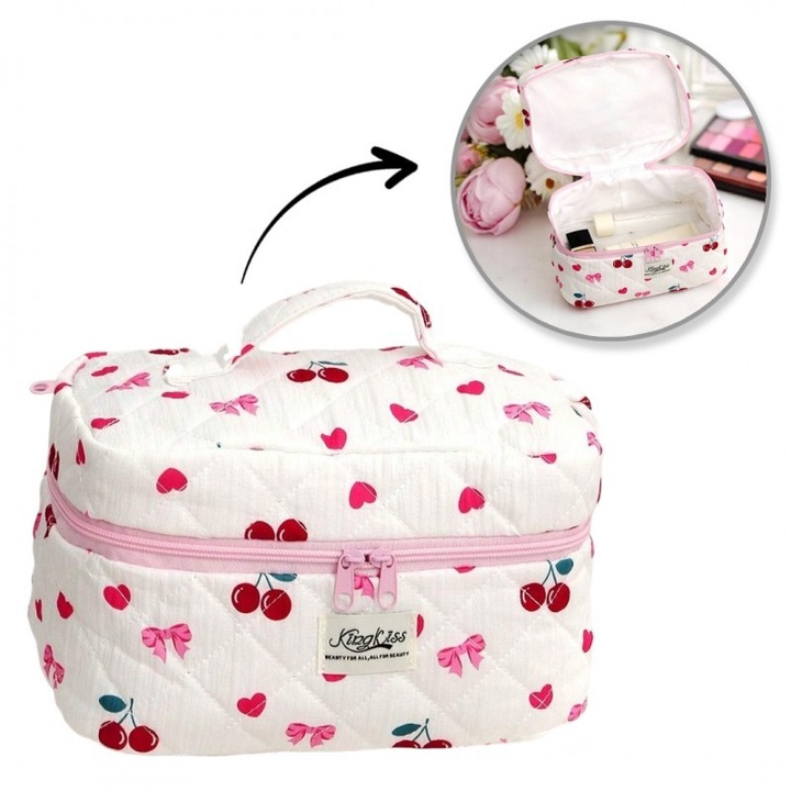 Női kozmetikai táska, steppelt, cseresznye és masni mintával, 16x16x25 cm, JollyMag, KS150