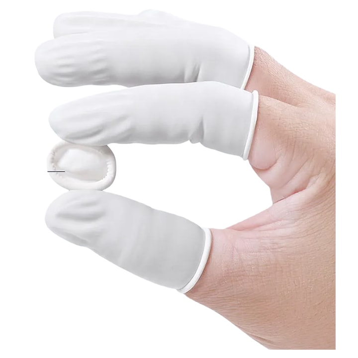 100 db fehér latex ujjvédő, HSD-Tech, egyszer használatos, csúszásgátló és tartós, ipari munkához, elektronikához, kozmetikához, tetováláshoz, takarításhoz és kertészkedéshez, 6.5×2.3 cm