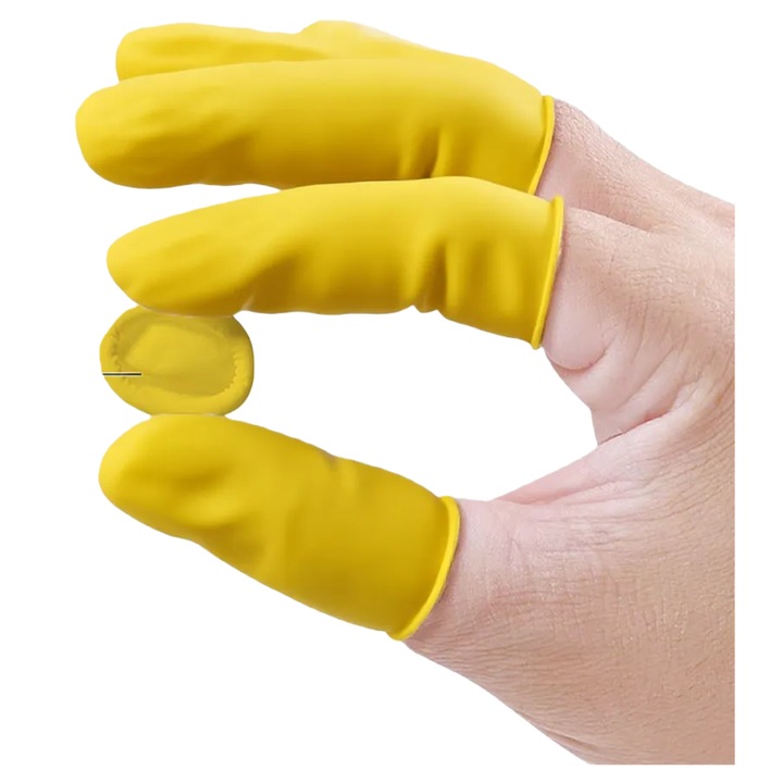 100 db sárga latex ujjvédő készlet, HSD-Tech, eldobható, csúszásmentes és tartós, ipari munkához, elektronikához, kozmetikához, tetováláshoz, tisztításhoz és kertészkedéshez, 6,5×2,3 cm