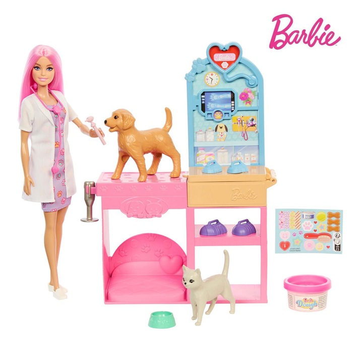 Set de joacă veterinar cu Barbie, 2 animale, accesorii, multi-color, 3 ani