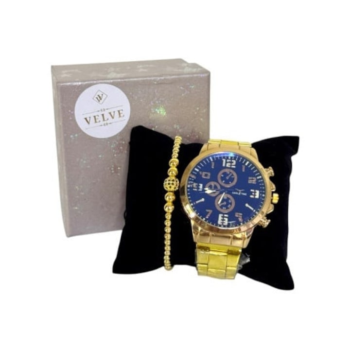Комплект елегантен мъжки часовник Ulysses и гривна с топчета от неръждаема стомана и циркониеви кристали, метална каишка и циферблат от неръждаема стомана, в елегантна кутия, Златист, VELVE