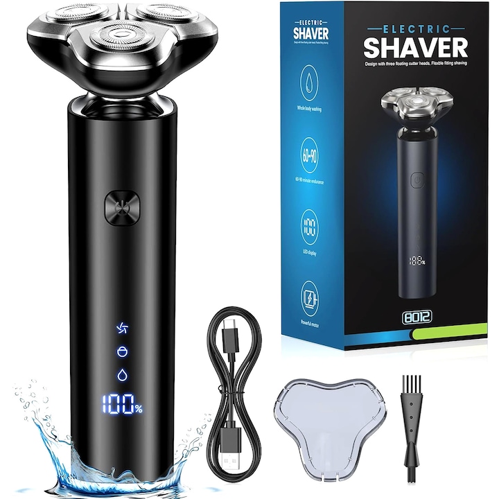 Електрическа самобръсначка за мъже, Qtenzivize, Магнитна подвижна глава, Водоустойчива IPX7, 3D гъвкава глава, Сухо и мокро бръснене, LED дисплей, USB зареждане, 2 скорости, Черна