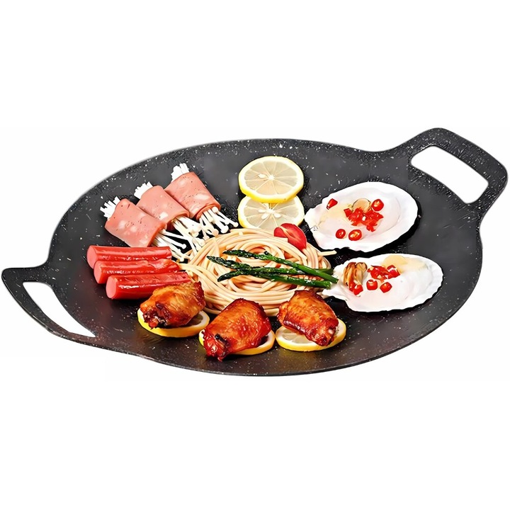 Plita Japoneza Rotunda Pluristratificata Novatek® Cu Manere, Placa Grill Antiaderenta, Usor De Curatat, Gatire Directa Pe Aragaz/Plita cu Inductie Sau Gratar, Diametru 30 cm, Culoare Negru