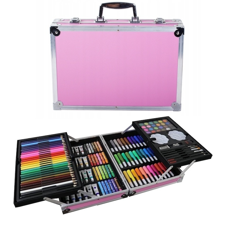 Set pictat si desen, 145 piese, gentuta depozitare stil geamantan, maner rezistent, 34 x 23 x 9 cm, roz – complet, educativ si usor de transportat pentru copii si pasionati de arta