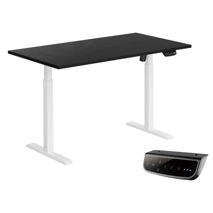 StableDesk Електрическо регулируемо бюро, 1 двигател, сензорен екран, 80 кг повдигане, ергономично, 3 функции с памет, система против сблъсък, таймер, височина 73-119 см, рамка бяла матова, черен плот - 150 x 75 см, 25 мм, прави ъгли