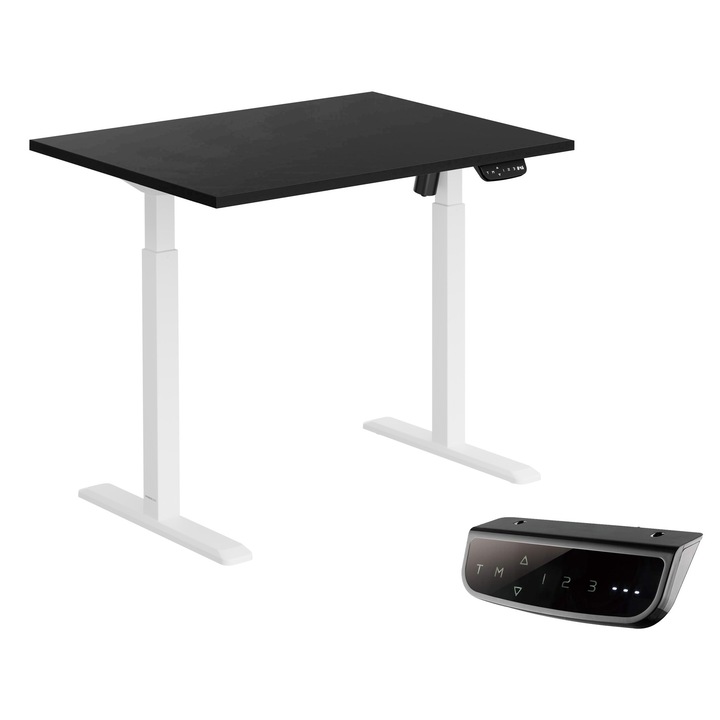 StableDesk Електрическо регулируемо бюро, 1 двигател, сензорен екран, 80 кг повдигане, ергономично, 3 функции с памет, система против сблъсък, таймер, височина 73-119 см, рамка бяла матова, черен плот - 120 x 75 см, 25 мм, прави ъгли