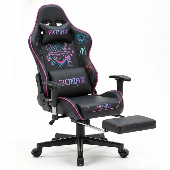 Геймърски стол Timebox, регулиране на облегалката на 160°, разтегателна поставка за крака, поставка за глава и лумбална възглавница, здрава метална рамка, първокласен материал, 3D регулиране на подлакътниците – черно/розово