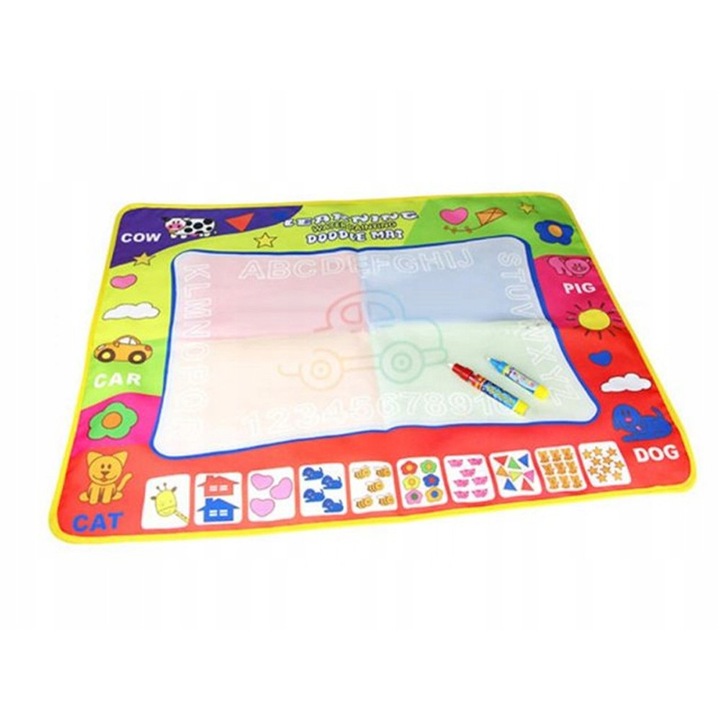 Mágikus vizes rajzszőnyeg, oktató, 80x60 cm, nagy betűk, számok és formák, 2 marker mellékelve, újrafelhasználható, gyerekeknek