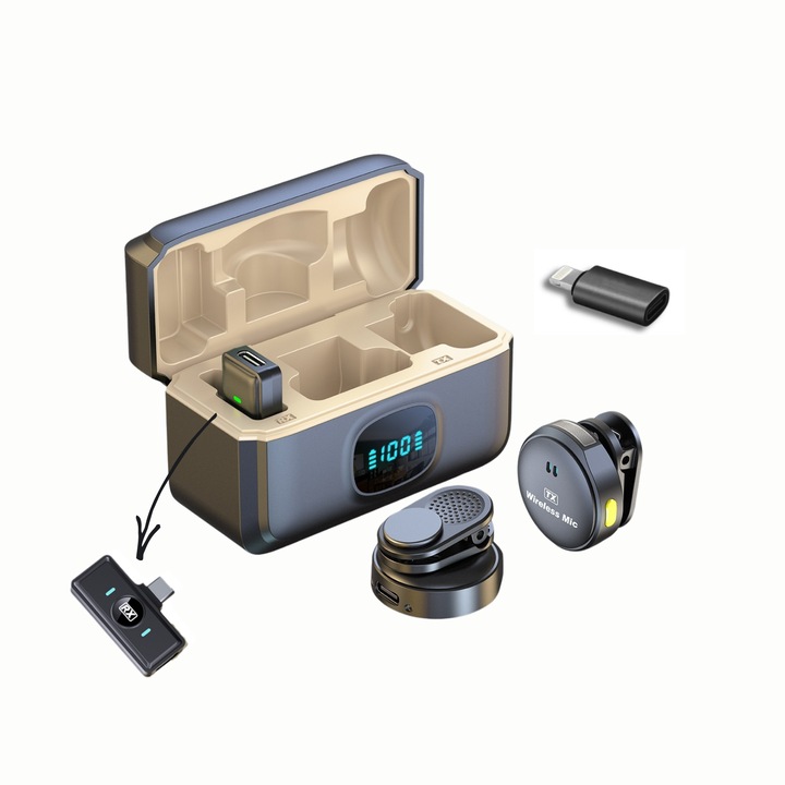 Set 2 x Microfoane Lavaliera Alansa® Profesionale Wireless cu Conector USB-C si Adaptor Lightning Inclus – Compatibile iPhone, Android, Laptop, Tableta – Cutie Incarcare Rapida cu Display, Prindere Magnetica si cu Clema, Autonomie 40h