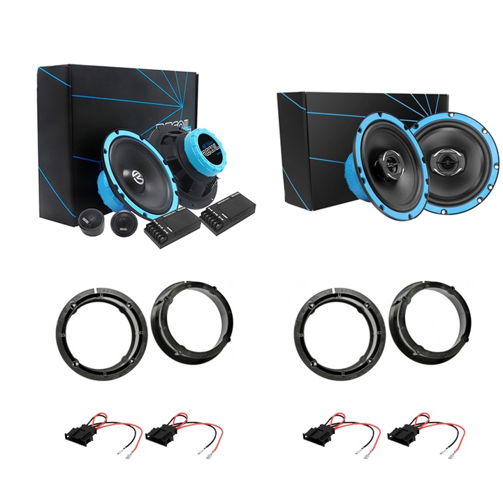Пълен аудио пакет, отпред-отзад, VW Golf IV, предни компонентни високоговорители RECOI REM65, 16.5CM, 50W RMS, задни коаксиални високоговорители, RECOIL RCX65, 16.5 см, 60W RMS
