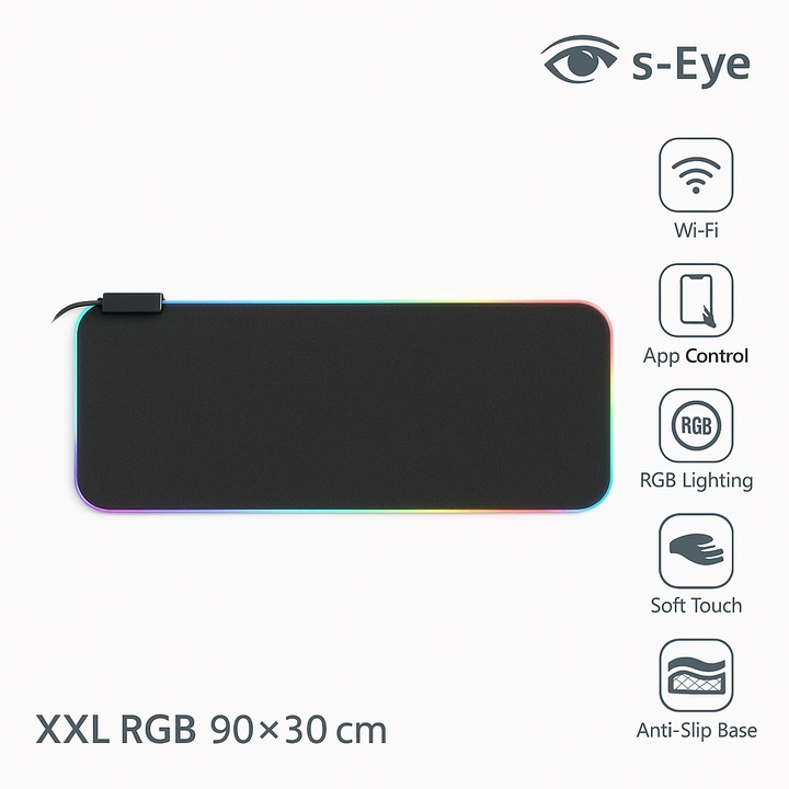 Mouse Pad RGB s-Eye XXL, Control Wi-Fi, Iluminare Inteligentă, 90x30cm