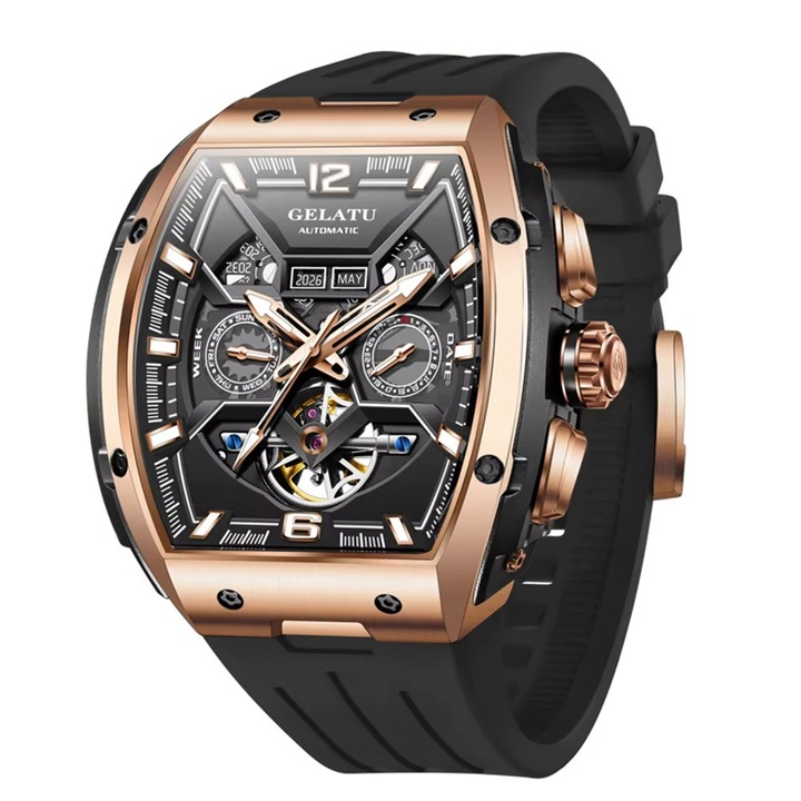 Ceas barbati GELATU Sili Inceptive, Automatic, Curea din silicon, Aur roz