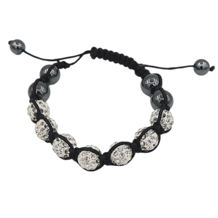 Bratara reglabila de ata cu bile albe tip Zwarovski si bile de hematit Denisa