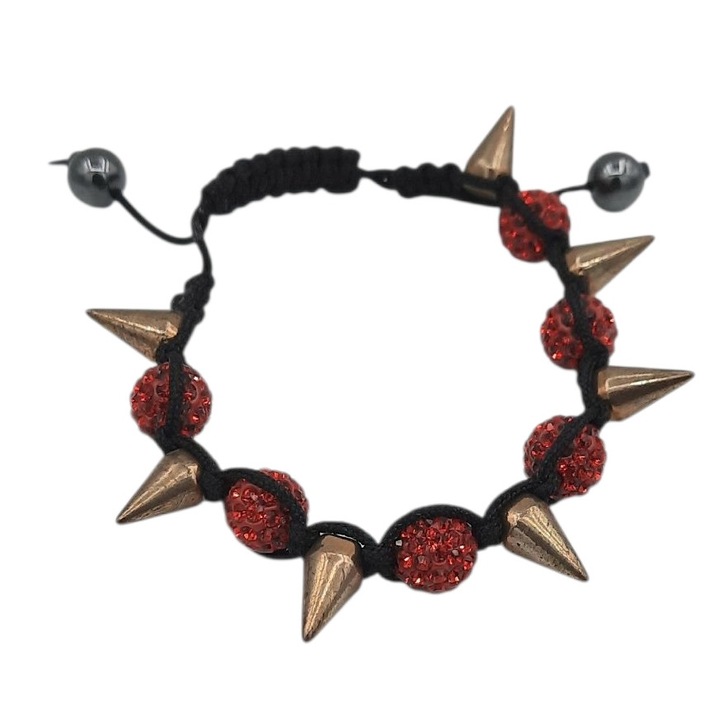 Bratara reglabila de ata cu bile rosii tip zwarovski si tepi de bronz Donata