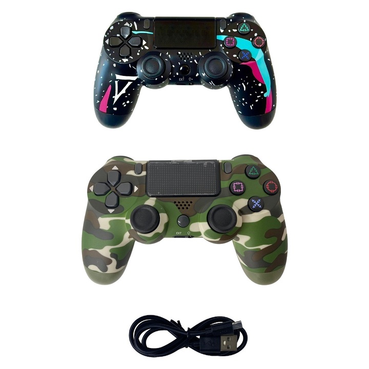 Set 2 gamepaduri wireless, negru graffiti si army camuflat, cu vibratii, pentru PlayStation 4, HAPPY JOKER®