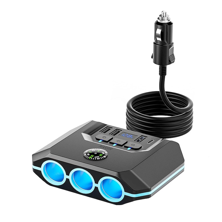 Adaptor Auto 7 in 1 NAXSIR, 120W, 3 USB + 1 Type-C + 3 Prize Bricheta, Display Voltaj, LED Albastru, Cablu 110cm, Compatibil 12V/24V, Negru