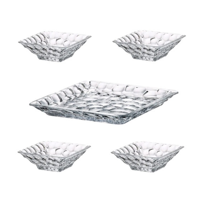 Set masa 5 buc, cristal 1 platou si 4 boluri Crystal Bohemia Marble transparent