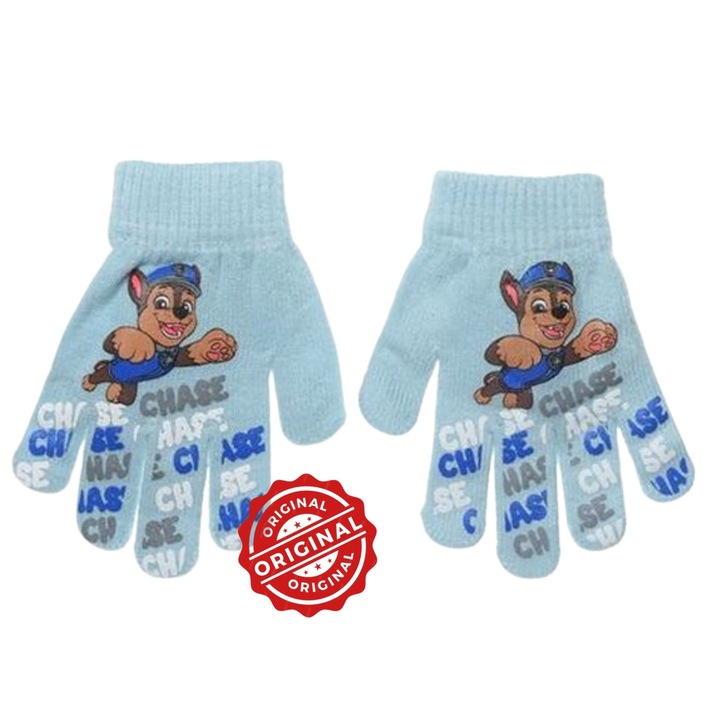 Manusi tricotate pentru copii, Patrula Catelusilor Chase, bleu deschis cu imprimeu „CHASE” colorat, acril, licenta oficiala PAW Patrol®