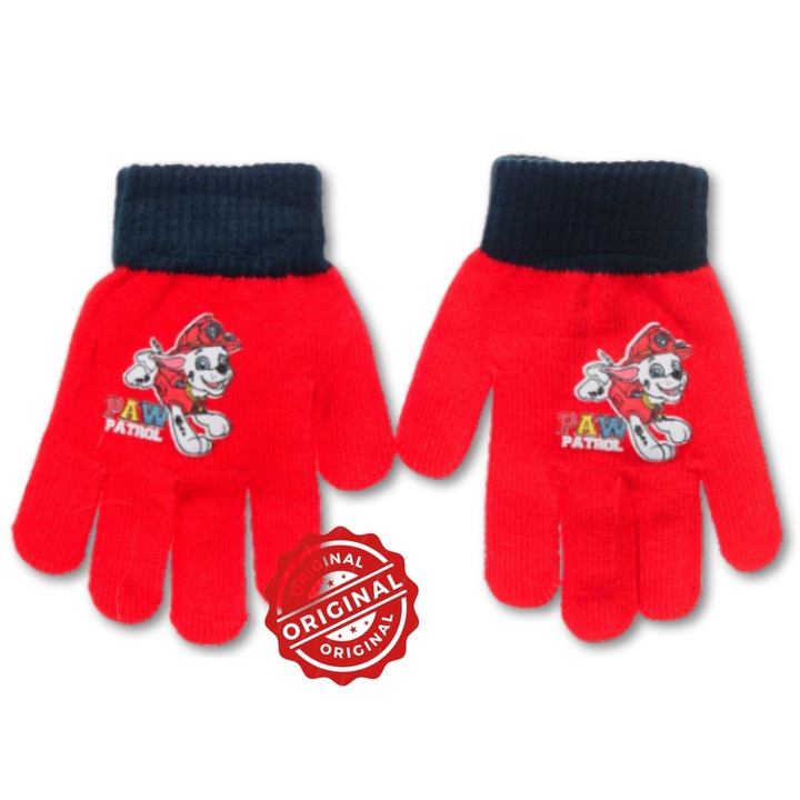 Manusi tricotate pentru copii, Patrula Catelusilor Marshall, rosii cu manseta bleumarin, acril, licenta oficiala PAW Patrol®