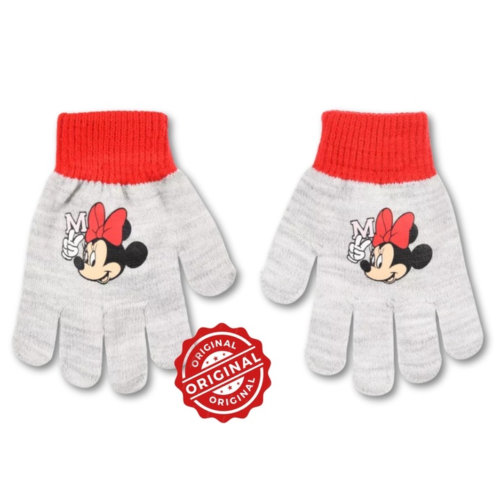 Manusi tricotate pentru copii, Minnie Mouse gri cu manseta rosie, acril, licenta oficiala Disney®
