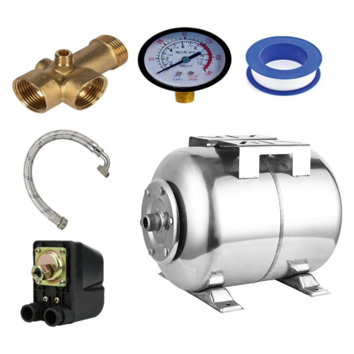 Kit accesorii hidrofor, vas expansiune 50L inox DDT, presostat, manometru, racord 5 cai bronz, furtun racord inox cu cot 60cm